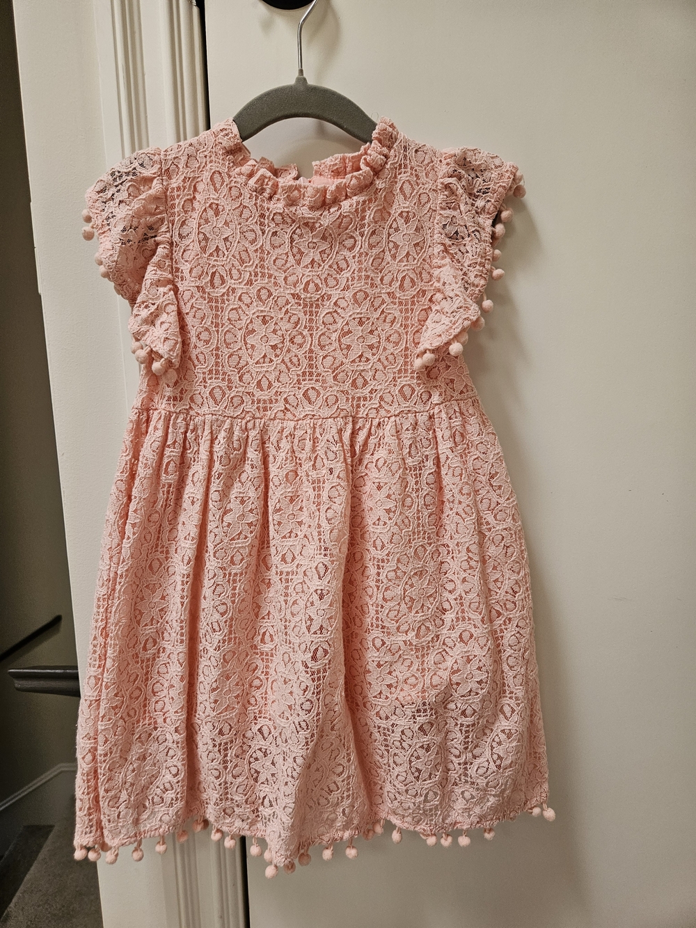 Girls Peach Lace Pom-Pom Short Sleeve Dress 3T